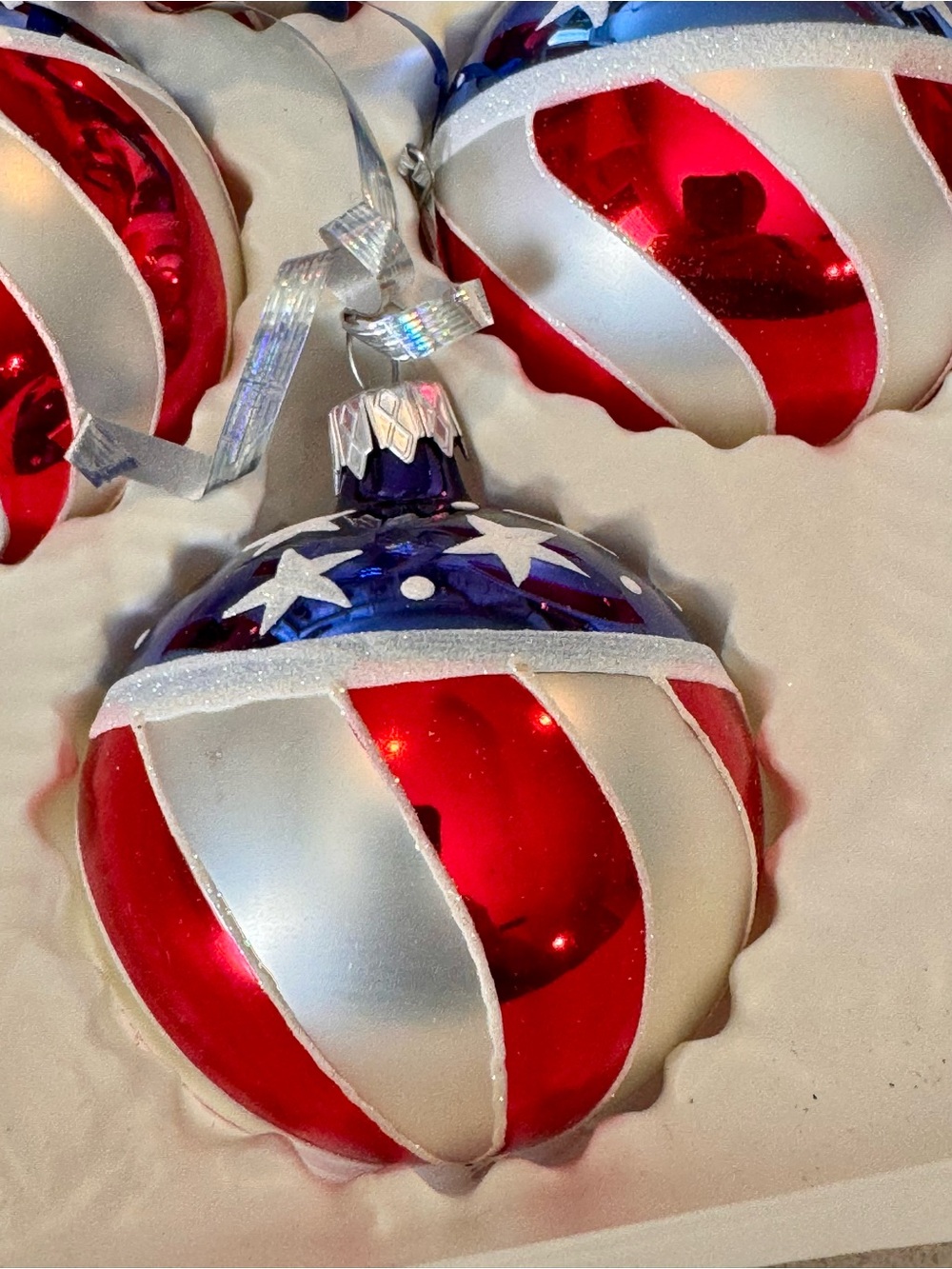 🇺🇸 USA American Red, White & Blue Star Stripe Glass Ornaments - 2004 - 2” - Picture 11 of 15